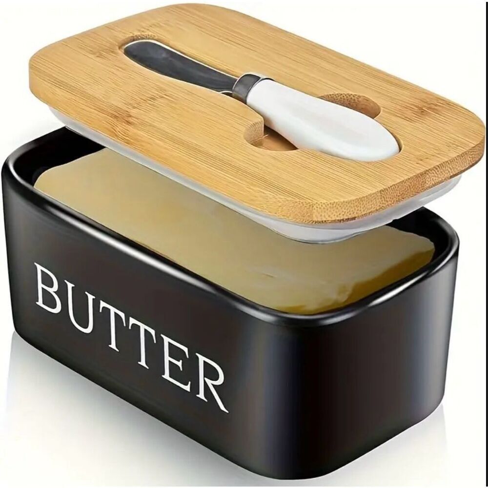 NWT Gorgeous Butter Square Graphic Black Ceramic Container w/ Bamboo lid & Knife